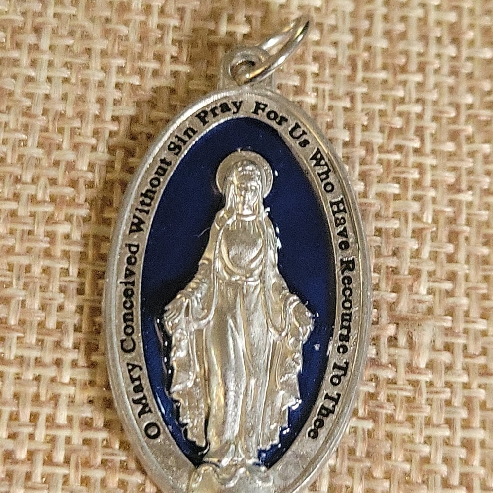 Vintage Blue Enamel Miraculous Medal Virgin Mary Pendant Silver Tone 1.25"